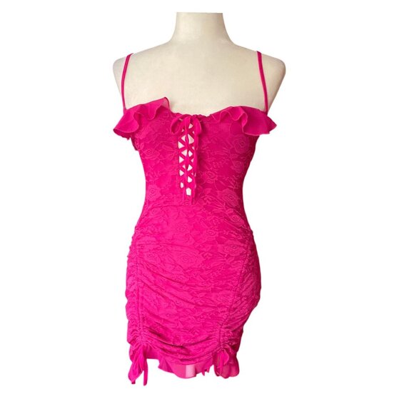 Outcast Hot Pink Lace Corset Mini Dress Ruched Y2K Barbiecore Party Club Dress S - Picture 7 of 13